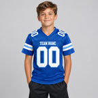 Custom Royal Mesh Authentic Football Jersey with White and Light Blue Lettering Design 0188 youth size worn by child model