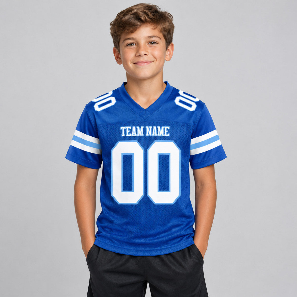 Custom Royal Mesh Authentic Football Jersey with White and Light Blue Lettering Design 0188 youth size worn by child model