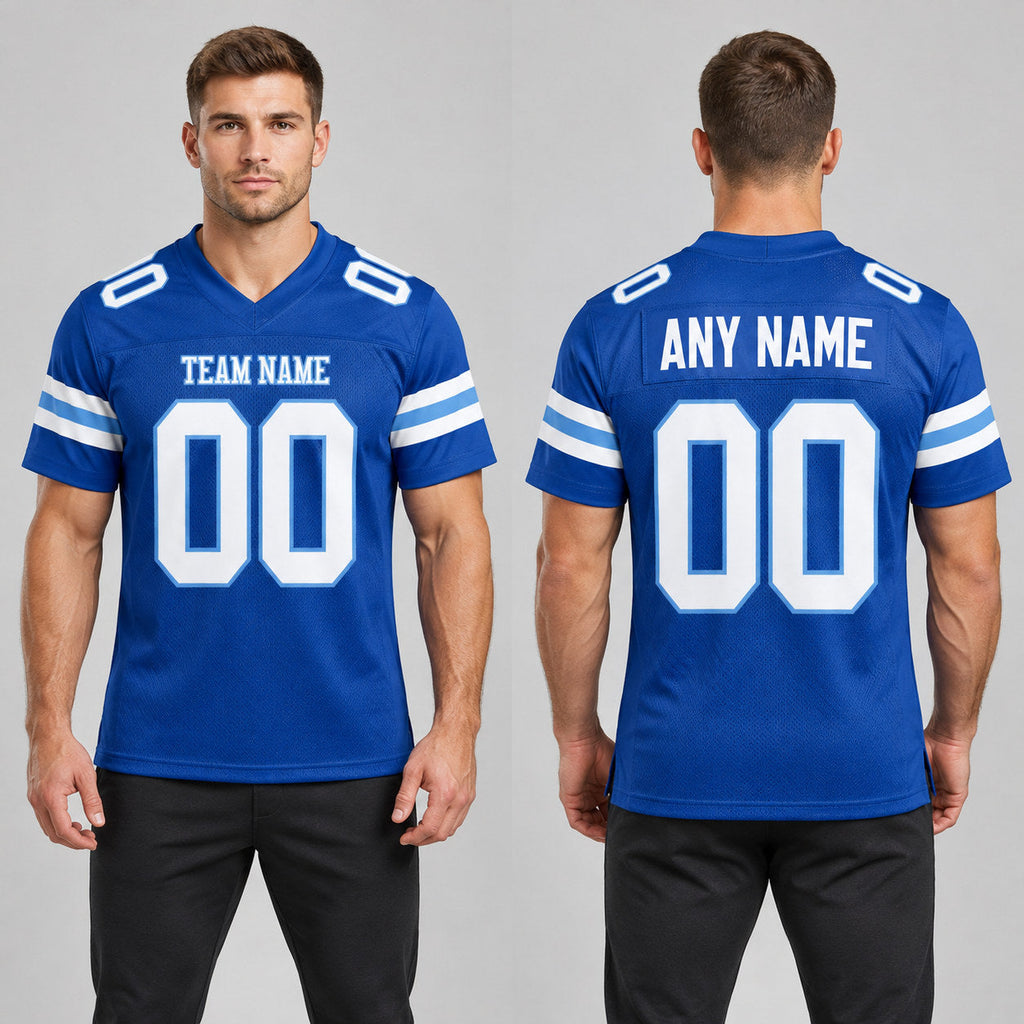 Custom Royal Mesh Authentic Football Jersey with White and Light Blue Lettering Design 0188 worn by male model