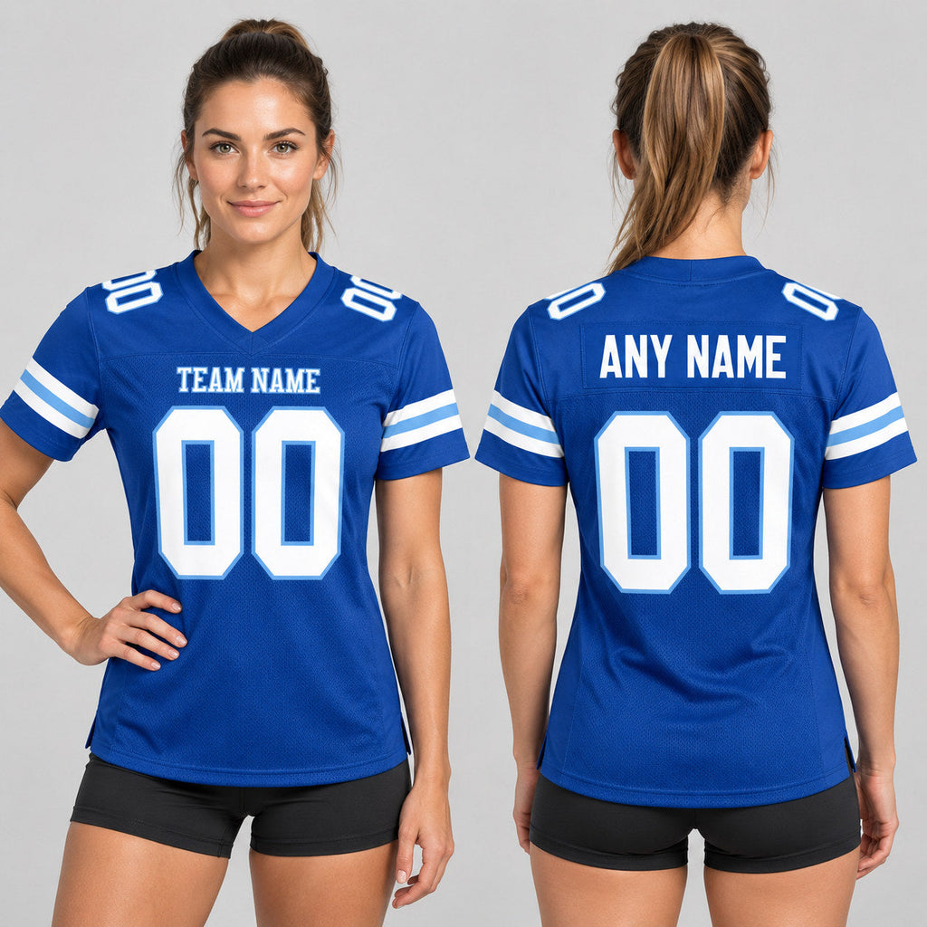 Custom Royal Mesh Authentic Football Jersey with White and Light Blue Lettering Design 0188 worn by female model