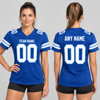 Custom Royal Mesh Authentic Football Jersey with White and Light Blue Lettering Design 0188 worn by female model