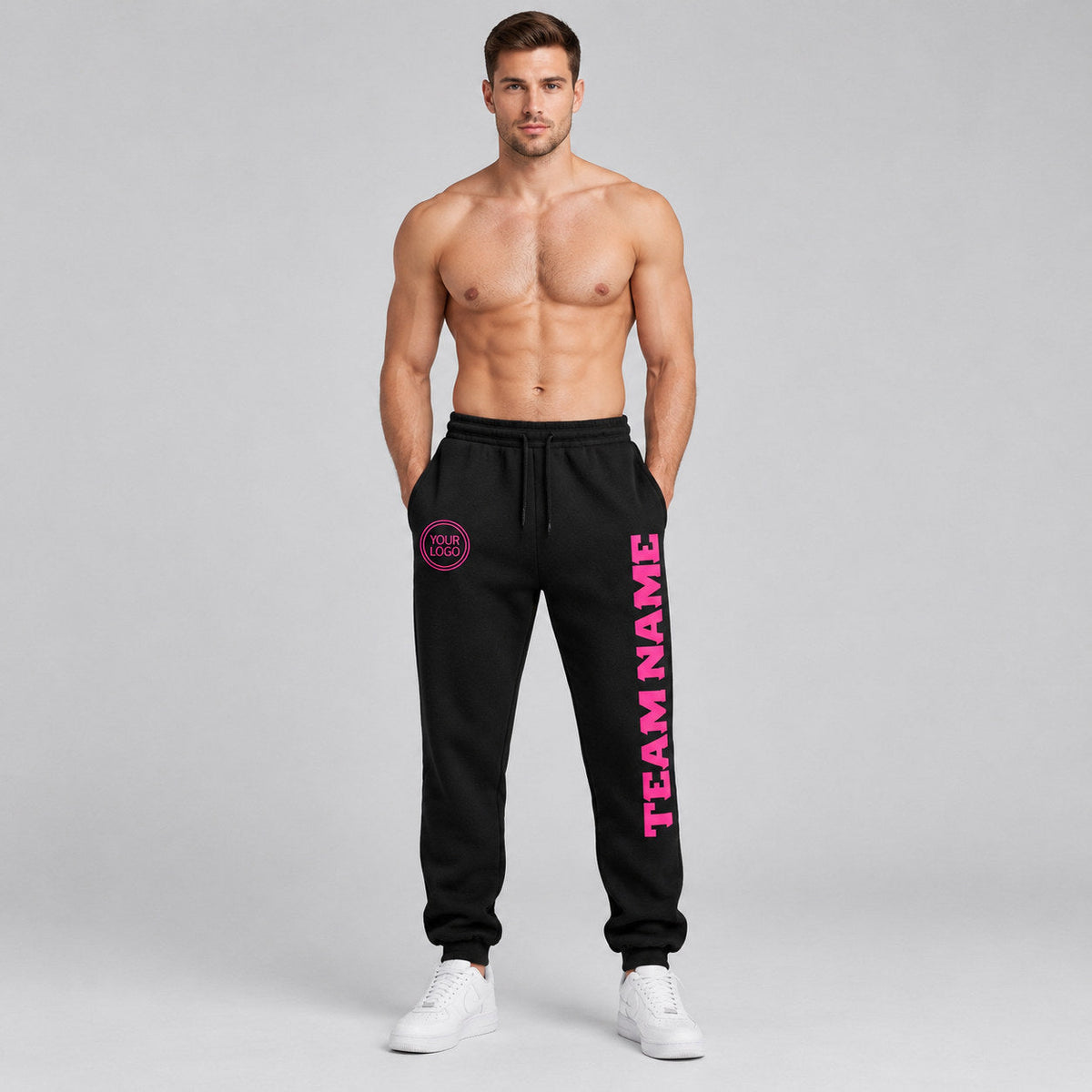 Custom Black Fleece Jogger Sweatpants with Pink Accents worn by male model