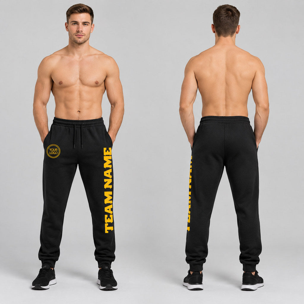 Custom Black Fleece Jogger Sweatpants with Gold Accents worn by male model