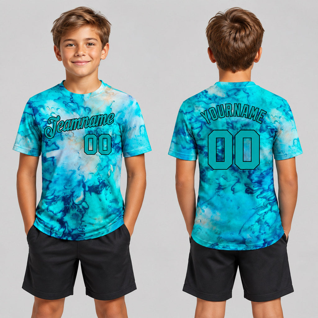 Custom Aqua and Black Tie Dye Performance T-Shirt youth size worn by child model