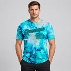 Custom Aqua and Black Tie Dye Performance T-Shirt worn by male model