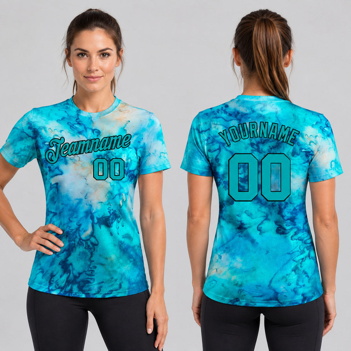Custom Aqua and Black Tie Dye Performance T-Shirt worn by female model
