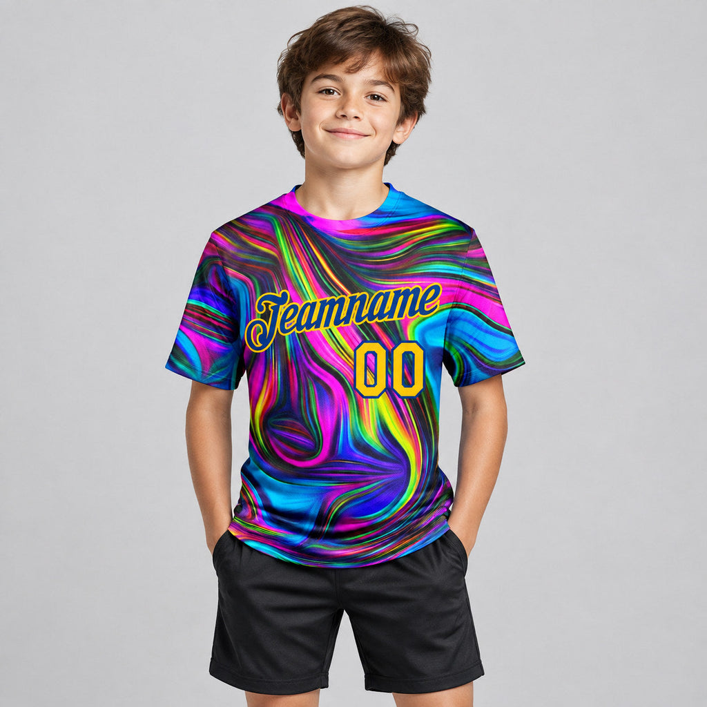 Custom Abstract Colorful Psychedelic Fluid Art Performance T-Shirt Design 0922 youth size worn by child model