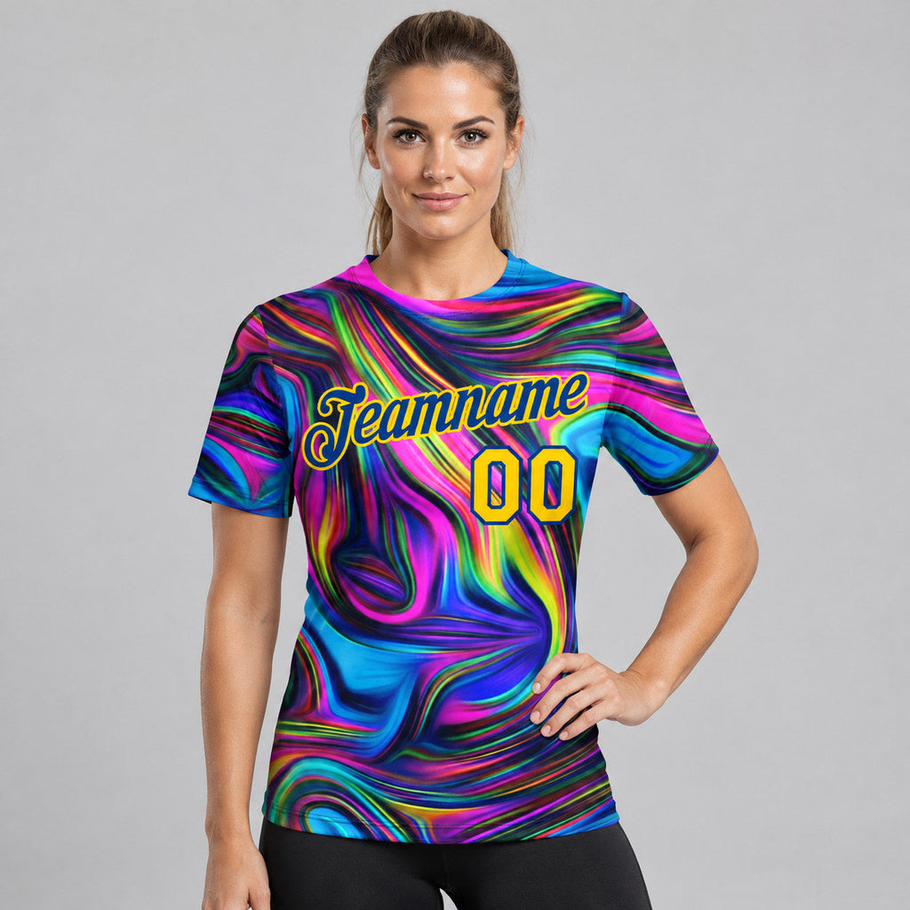 Custom Abstract Colorful Psychedelic Fluid Art Performance T-Shirt Design 0922 worn by female model