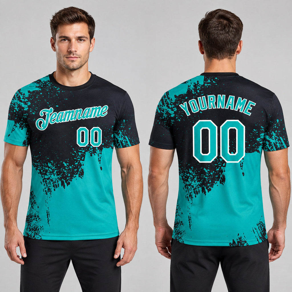 Custom Aqua Abstract Brush Stroke Performance T-Shirt with Black and White Lettering worn by male model