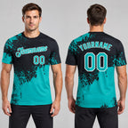 Custom Aqua Abstract Brush Stroke Performance T-Shirt with Black and White Lettering worn by male model