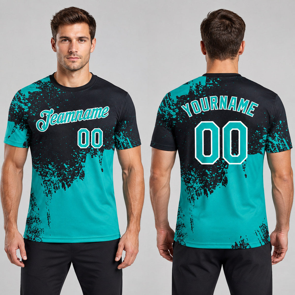 Custom Aqua Abstract Brush Stroke Performance T-Shirt with Black and White Lettering worn by male model