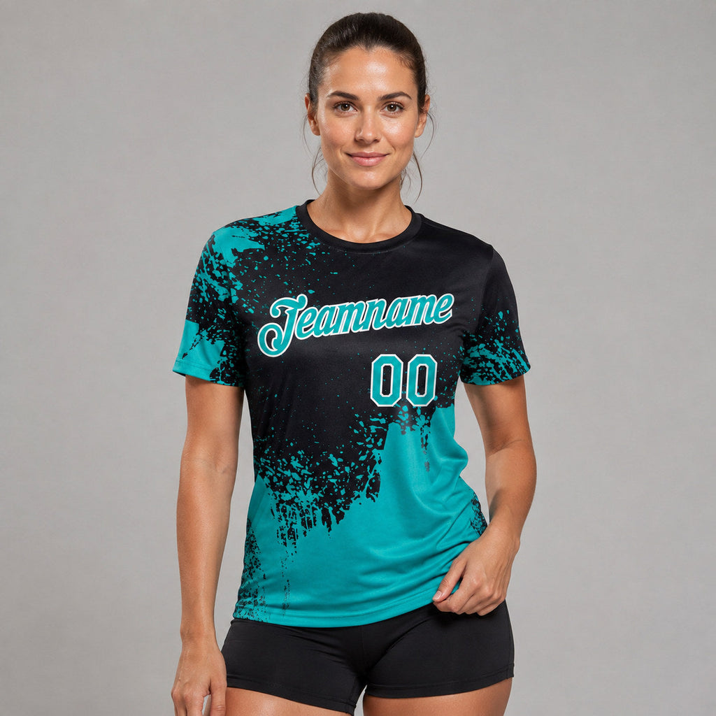 Custom Aqua Abstract Brush Stroke Performance T-Shirt with Black and White Lettering worn by female model