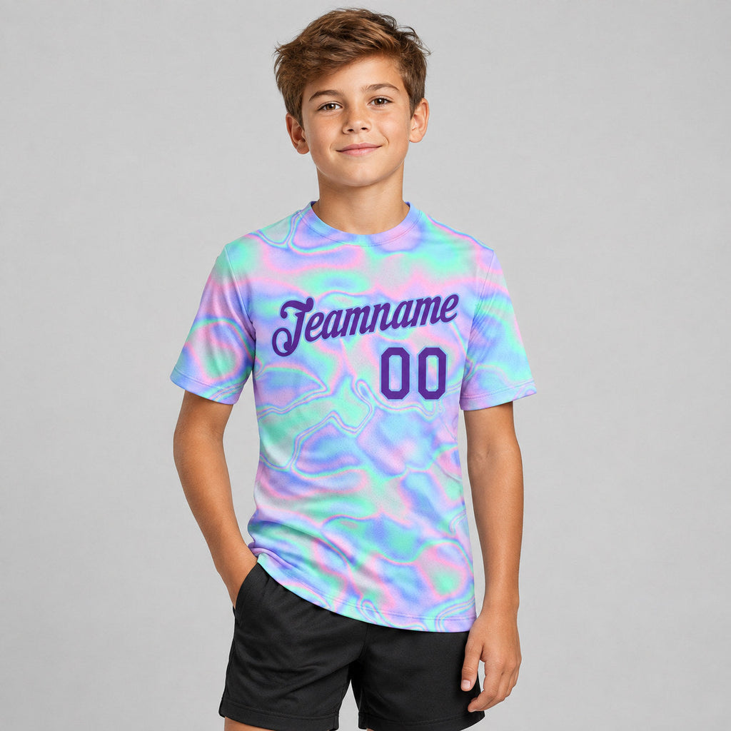 Custom Abstract Trendy Holographic Vaporwave Performance T-Shirt Design 0915 youth size worn by child model