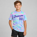 Custom Abstract Trendy Holographic Vaporwave Performance T-Shirt Design 0915 youth size worn by child model
