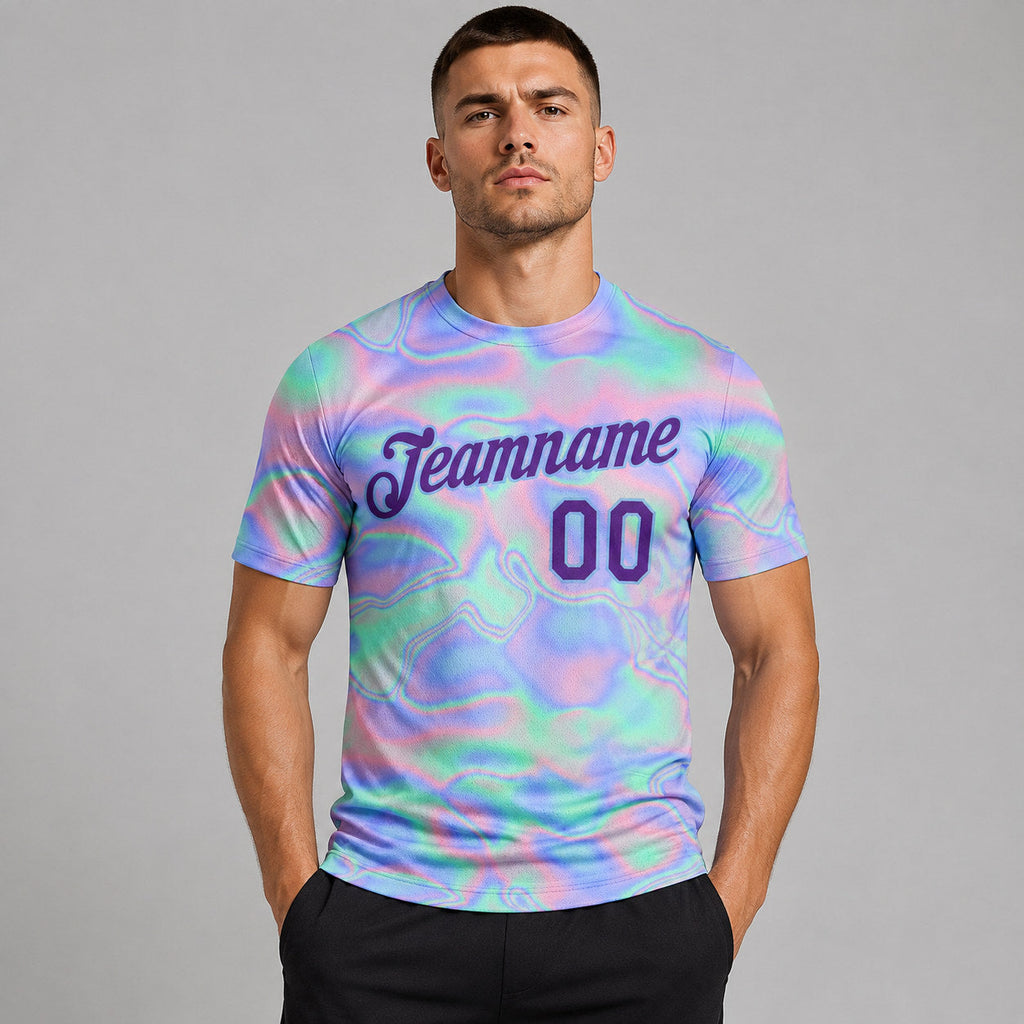 Custom Abstract Trendy Holographic Vaporwave Performance T-Shirt Design 0915 worn by male model