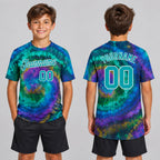 Custom Aqua and White Tie Dye Performance T-Shirt youth size worn by child model