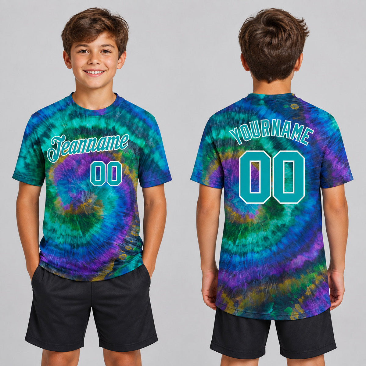 Custom Aqua and White Tie Dye Performance T-Shirt youth size worn by child model