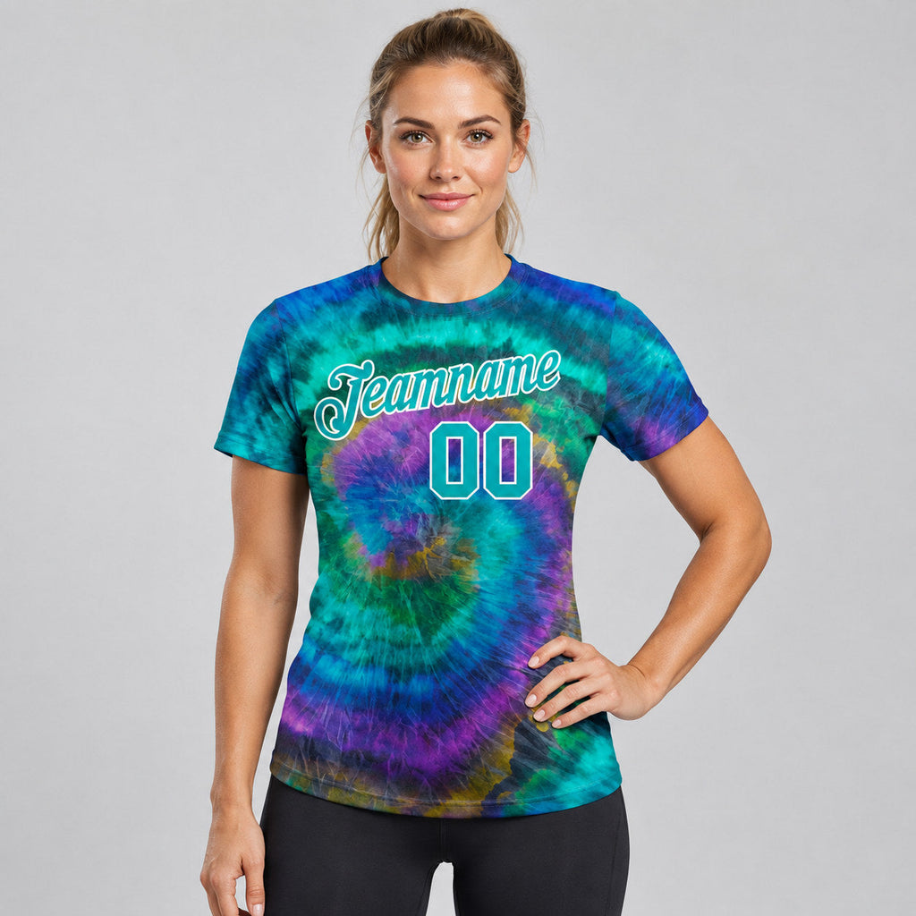 Custom Aqua and White Tie Dye Performance T-Shirt worn by female model