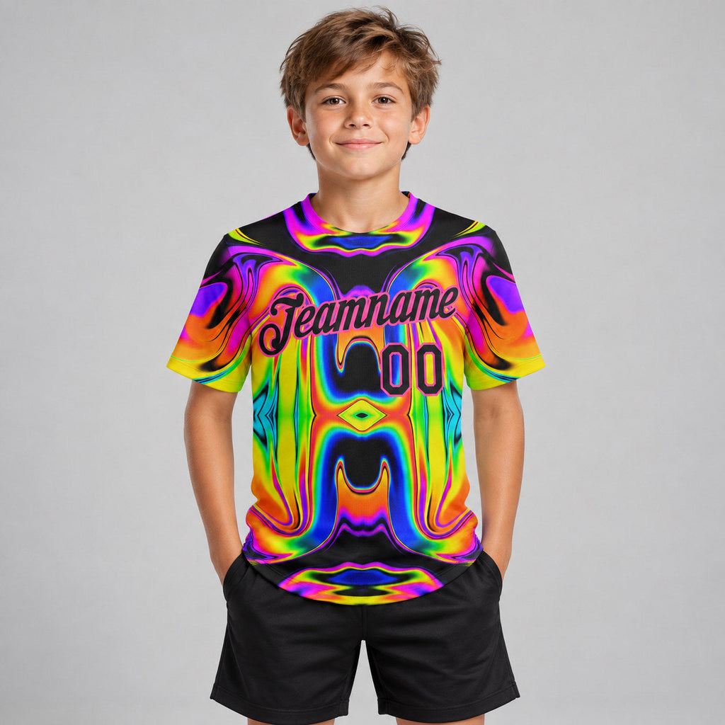 Custom Abstract Iridescent Psychedelic Swirl Fluid Performance T-Shirt youth size worn by child model