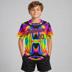 Custom Abstract Iridescent Psychedelic Swirl Fluid Performance T-Shirt youth size worn by child model