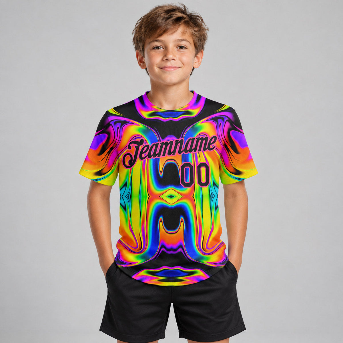 Custom Abstract Iridescent Psychedelic Swirl Fluid Performance T-Shirt youth size worn by child model