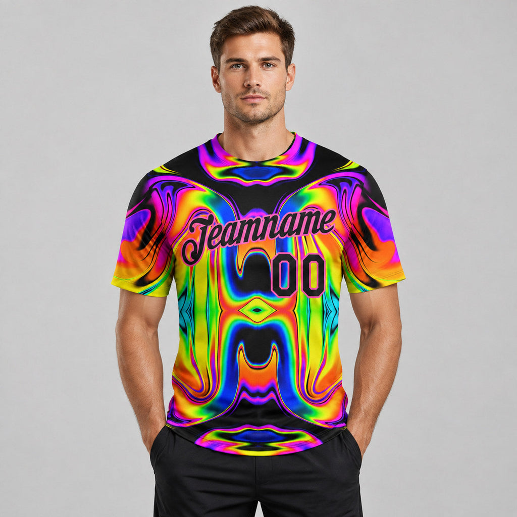 Custom Abstract Iridescent Psychedelic Swirl Fluid Performance T-Shirt worn by male model