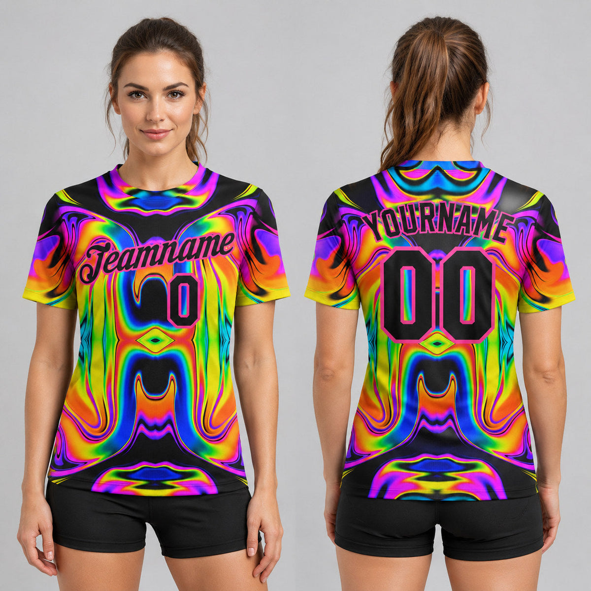 Custom Abstract Iridescent Psychedelic Swirl Fluid Performance T-Shirt worn by female model