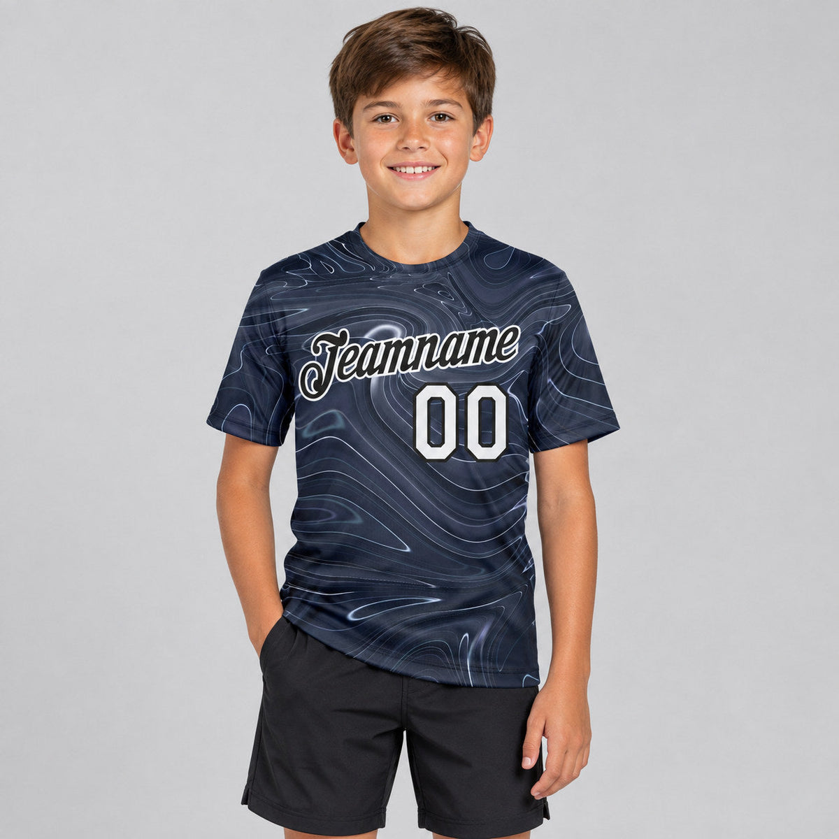 Custom Abstract Liquid Marbling Fluid Art Performance T-Shirt youth size worn by child model