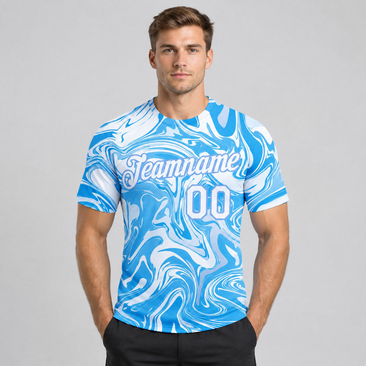 Custom Abstract Ocean With Waves Fluid Performance T-Shirt worn by male model
