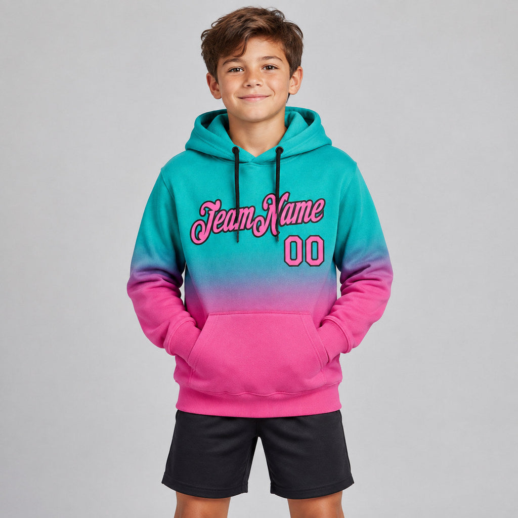 Custom Aqua Fade Pullover Hoodie with Pink and Black Lettering Design 0361 youth size worn by child model