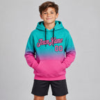 Custom Aqua Fade Pullover Hoodie with Pink and Black Lettering Design 0361 youth size worn by child model