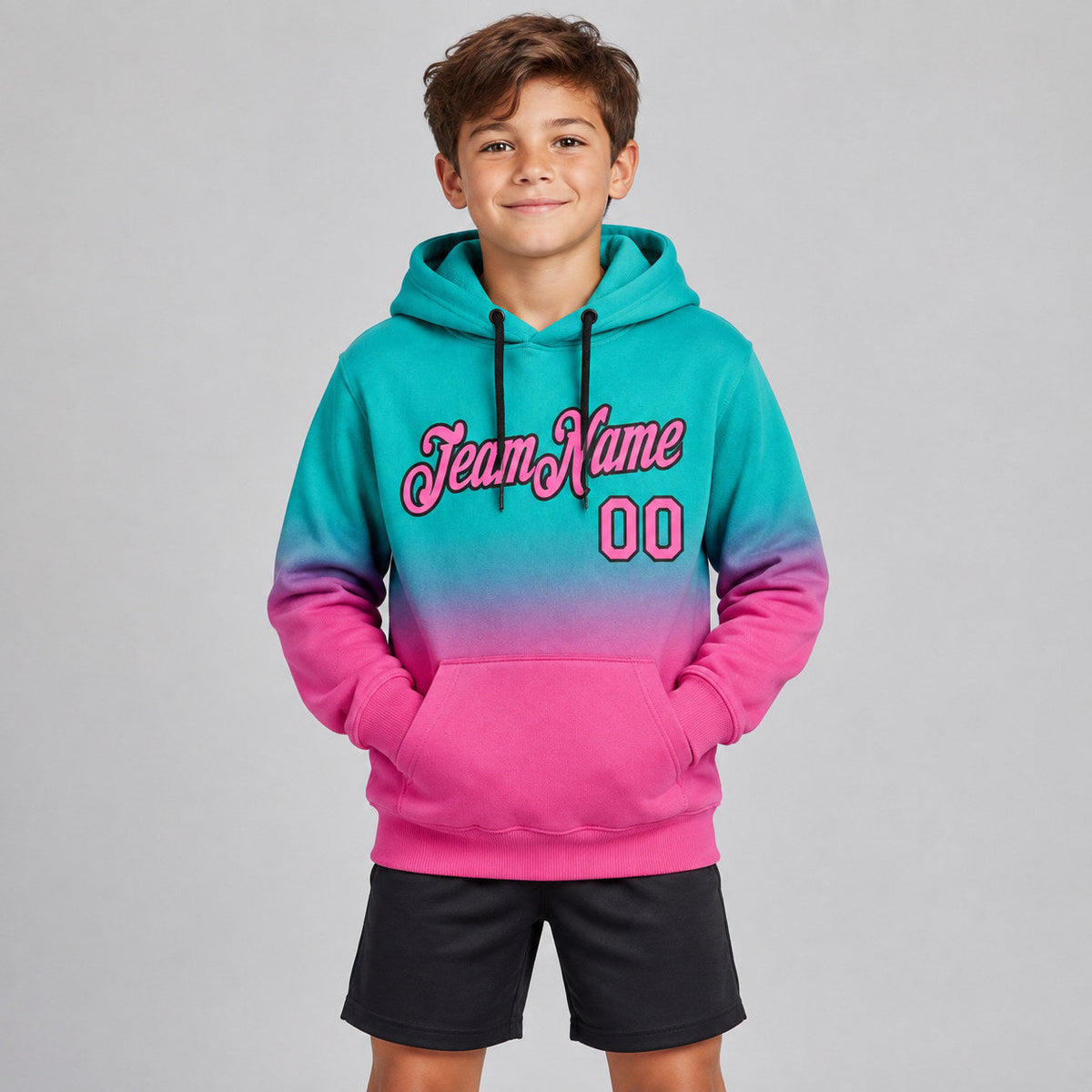 Custom Aqua Fade Pullover Hoodie with Pink and Black Lettering Design 0361 youth size worn by child model