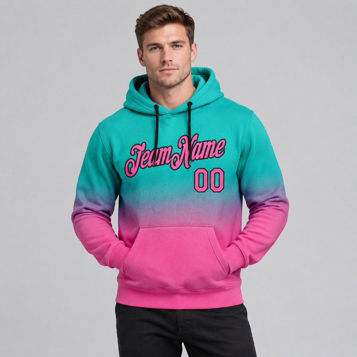 Custom Aqua Fade Pullover Hoodie with Pink and Black Lettering Design 0361 worn by male model