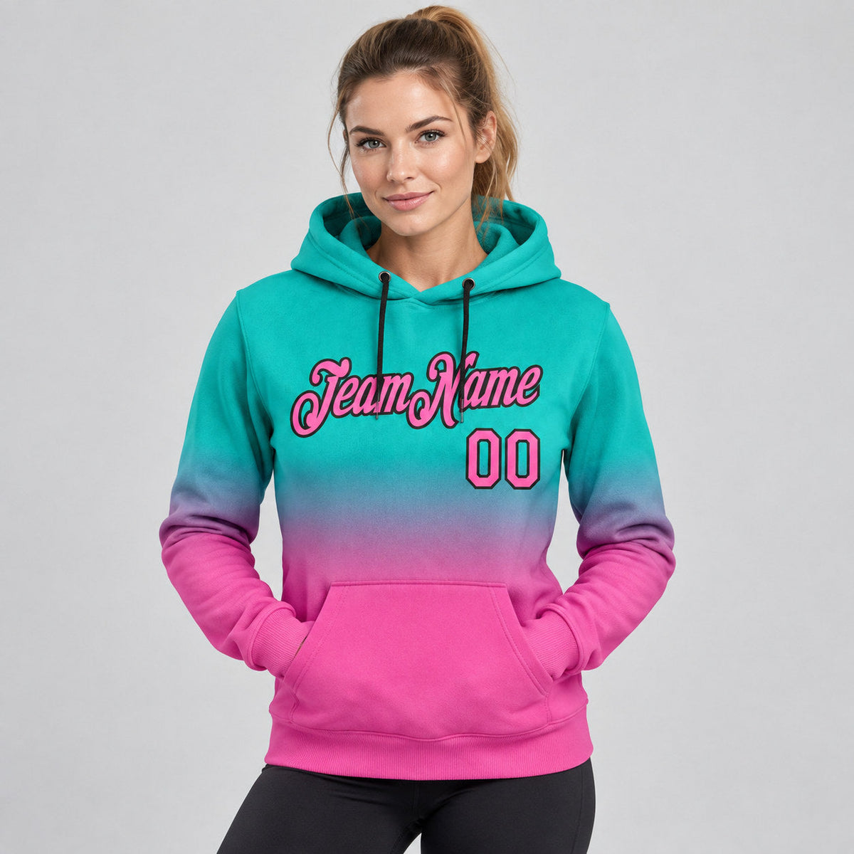 Custom Aqua Fade Pullover Hoodie with Pink and Black Lettering Design 0361 worn by female model