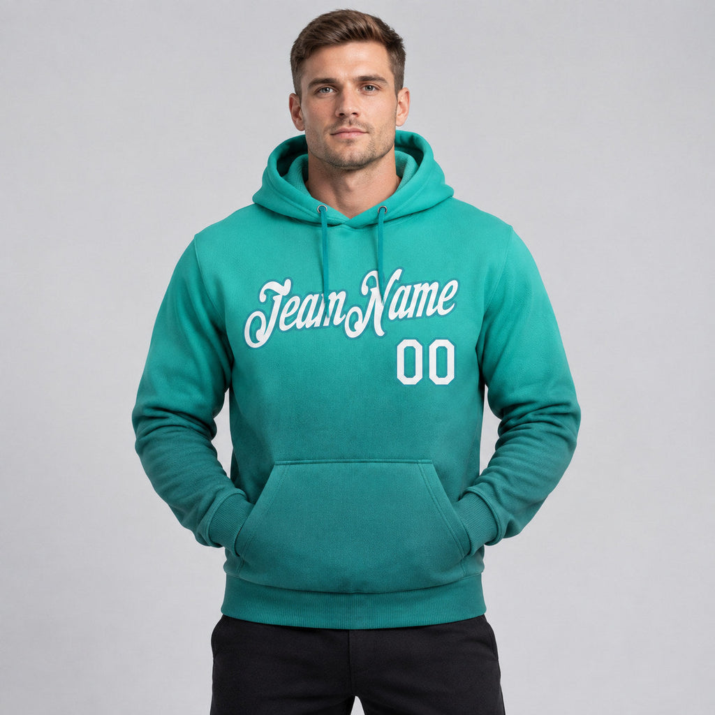 Custom Aqua Fade Pullover Hoodie with White and Teal Lettering worn by male model