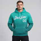 Custom Aqua Fade Pullover Hoodie with White and Teal Lettering worn by male model