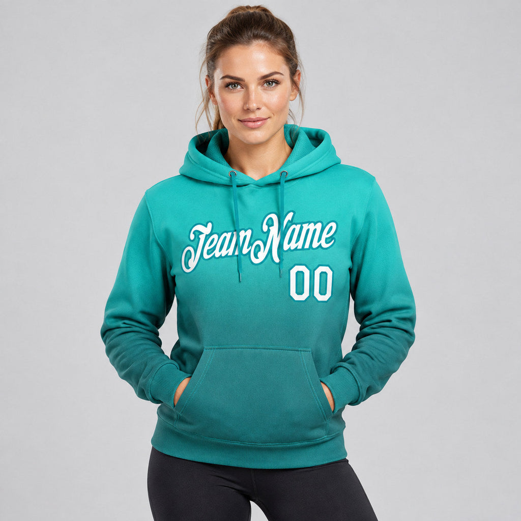 Custom Aqua Fade Pullover Hoodie with White and Teal Lettering worn by female model