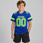 Custom Royal Mesh Authentic Football Jersey with Neon Green and White Lettering Design 0192 youth size worn by child model