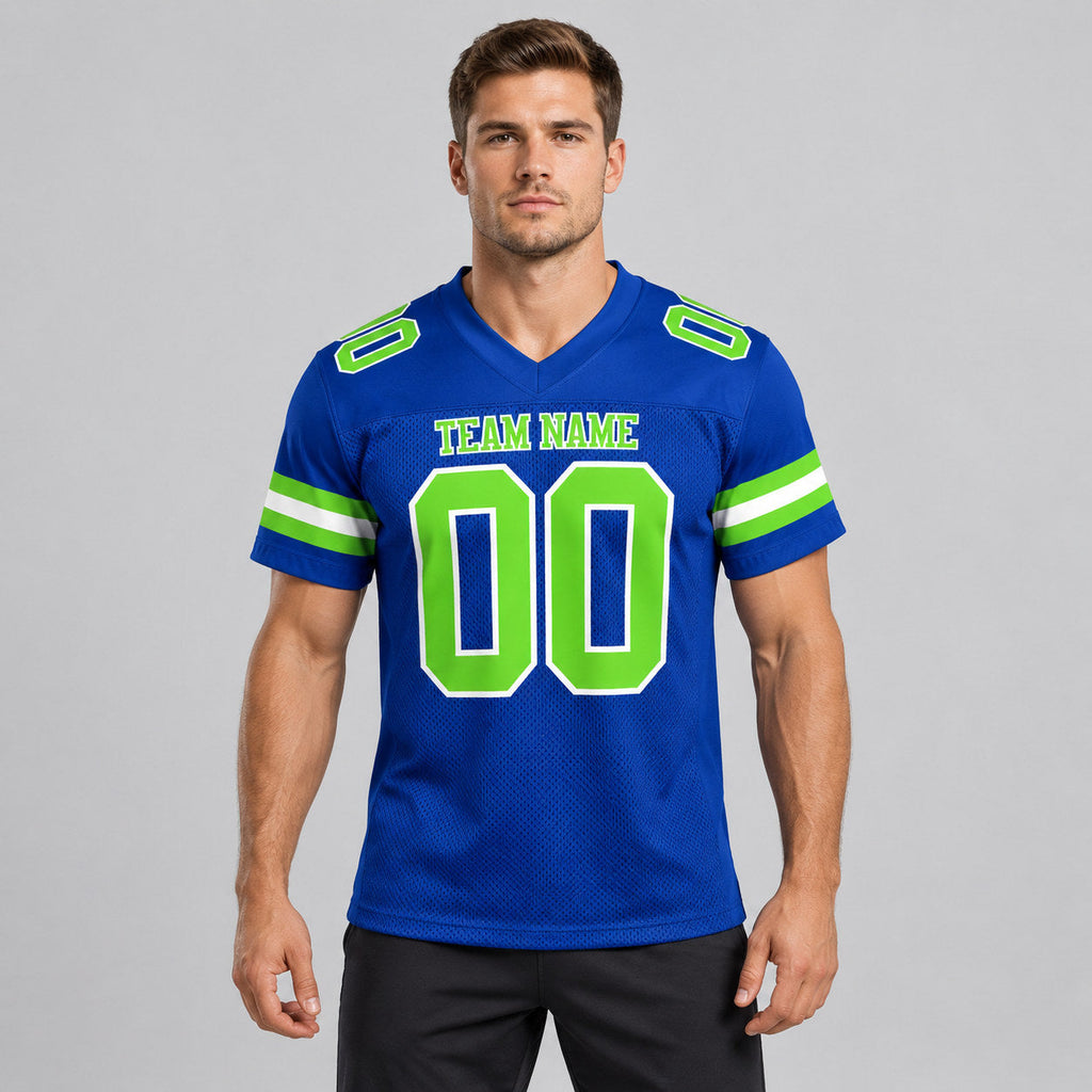 Custom Royal Mesh Authentic Football Jersey with Neon Green and White Lettering Design 0192 worn by male model