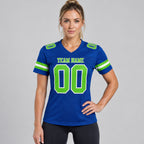 Custom Royal Mesh Authentic Football Jersey with Neon Green and White Lettering Design 0192 worn by female model