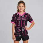 Custom Black Ribbon Breast Cancer Authentic Women Football Jersey with Pink Lettering youth size worn by child model