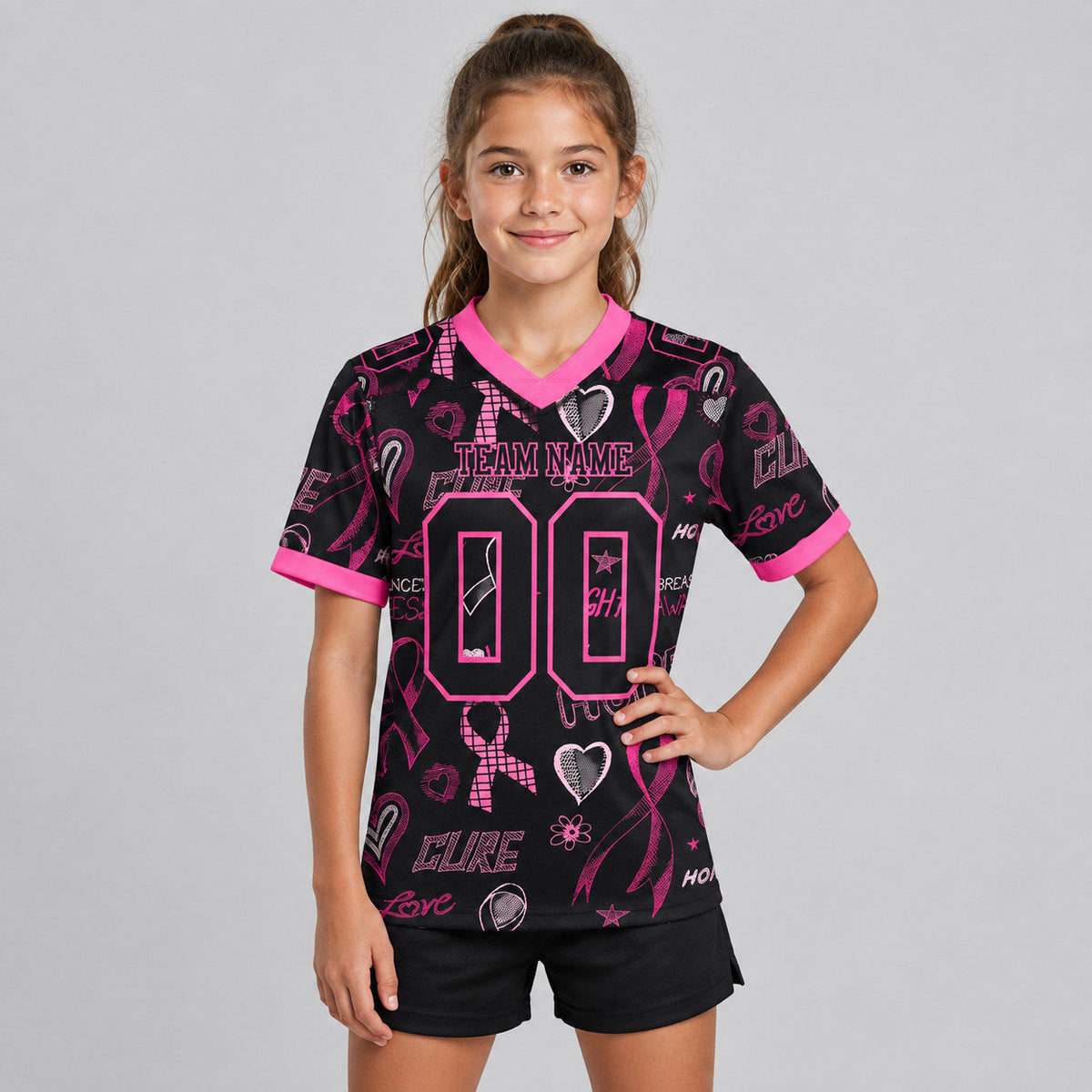 Custom Black Ribbon Breast Cancer Authentic Women Football Jersey with Pink Lettering youth size worn by child model
