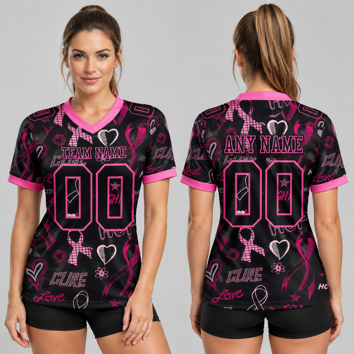 Custom Black Ribbon Breast Cancer Authentic Women Football Jersey with Pink Lettering worn by female model