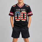 Custom Black Vintage USA Flag Authentic Football Jersey with Crimson and City Cream Lettering youth size worn by child model