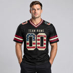 Custom Black Vintage USA Flag Authentic Football Jersey with Crimson and City Cream Lettering worn by male model
