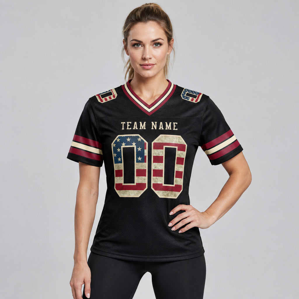 Custom Black Vintage USA Flag Authentic Football Jersey with Crimson and City Cream Lettering worn by female model