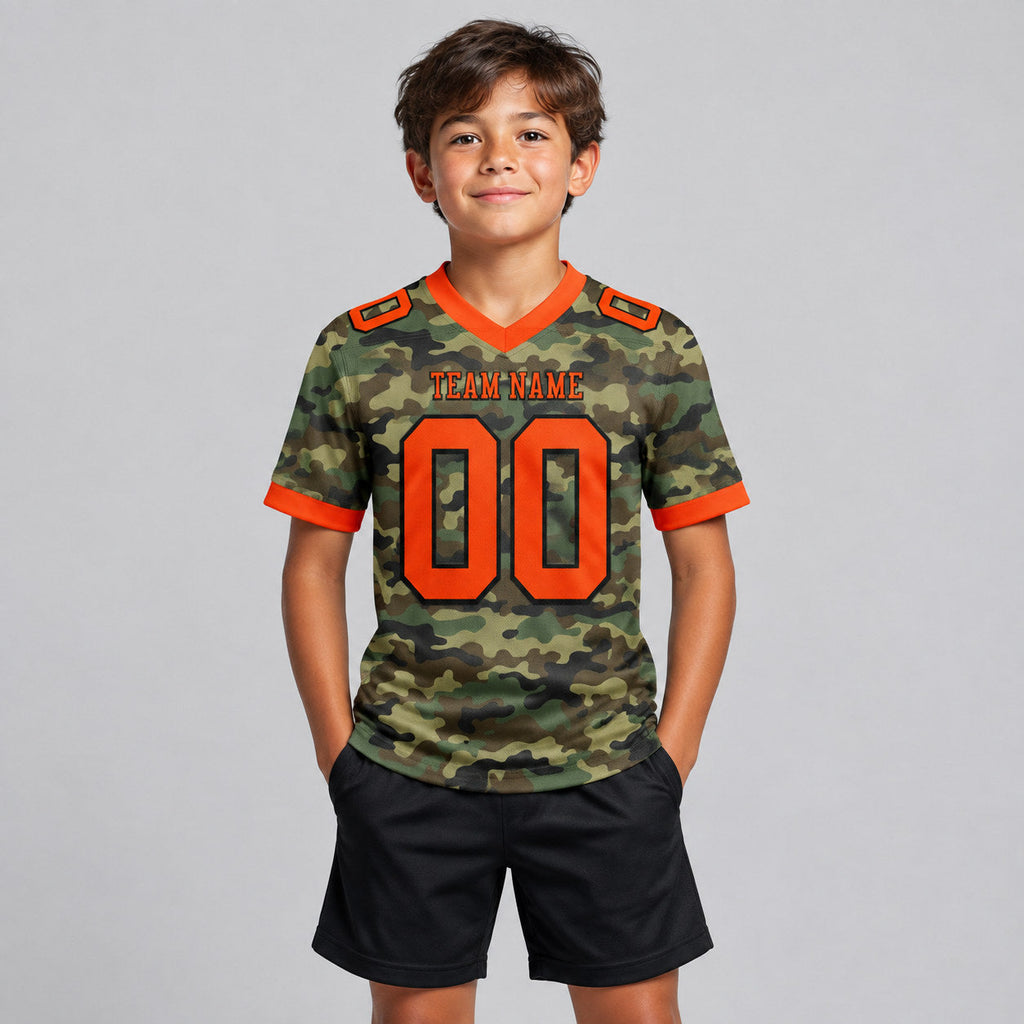 Custom Orange and Black Camo Salute To Service Authentic Football Jersey youth size worn by child model