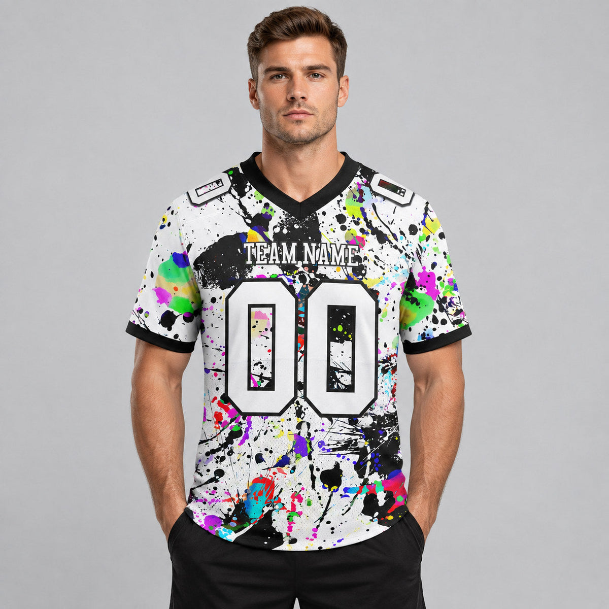 Custom White and Black Graffiti Splash Authentic Football Jersey worn by male model