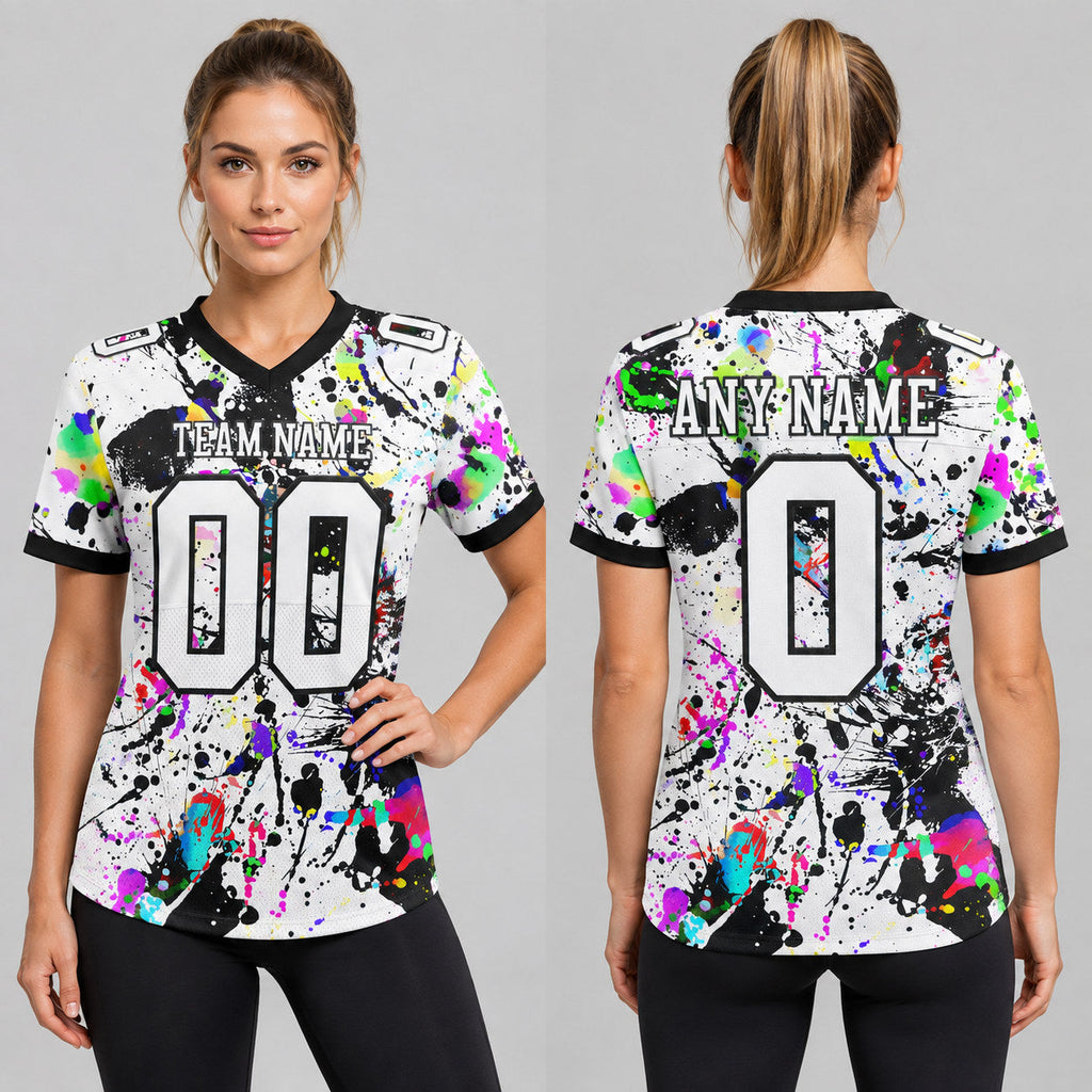 Custom White and Black Graffiti Splash Authentic Football Jersey worn by female model