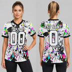Custom White and Black Graffiti Splash Authentic Football Jersey worn by female model